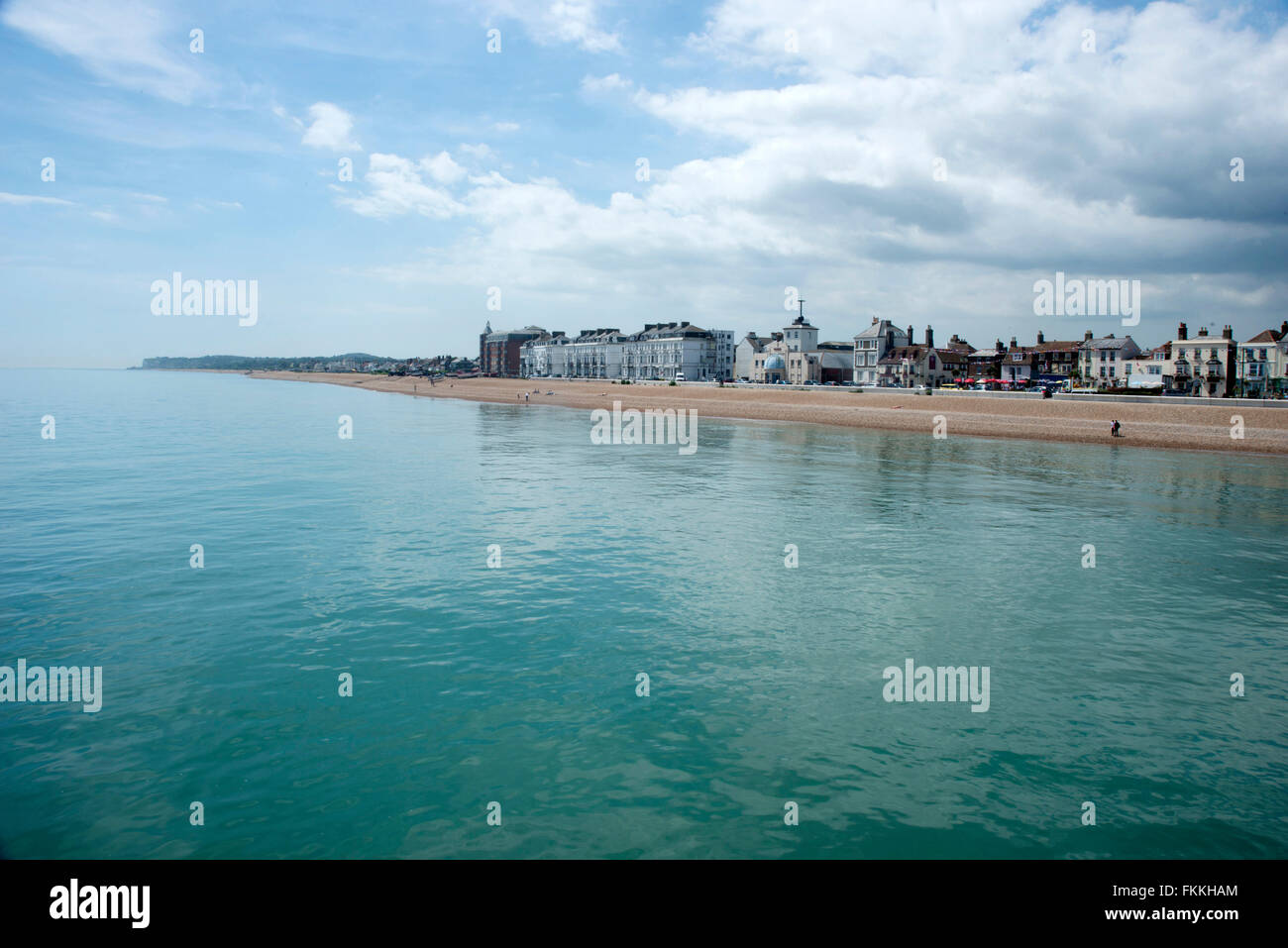 A view of the coast line from the pier, Deal in Kent. Stock Photo