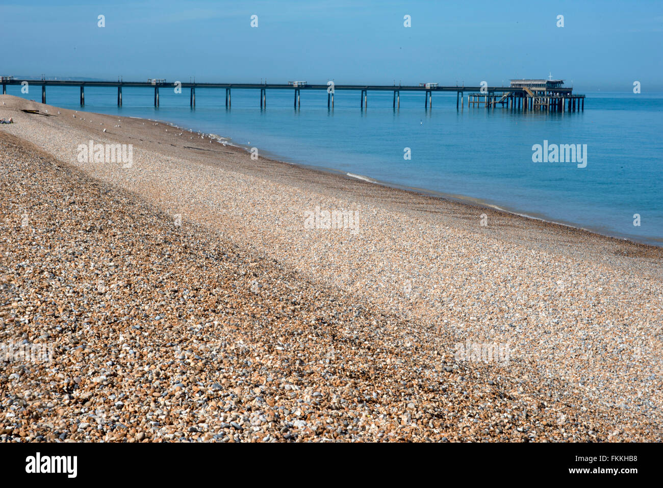 A view of The pier in Kent, blue, calm waters. On a summers day. Stock Photo
