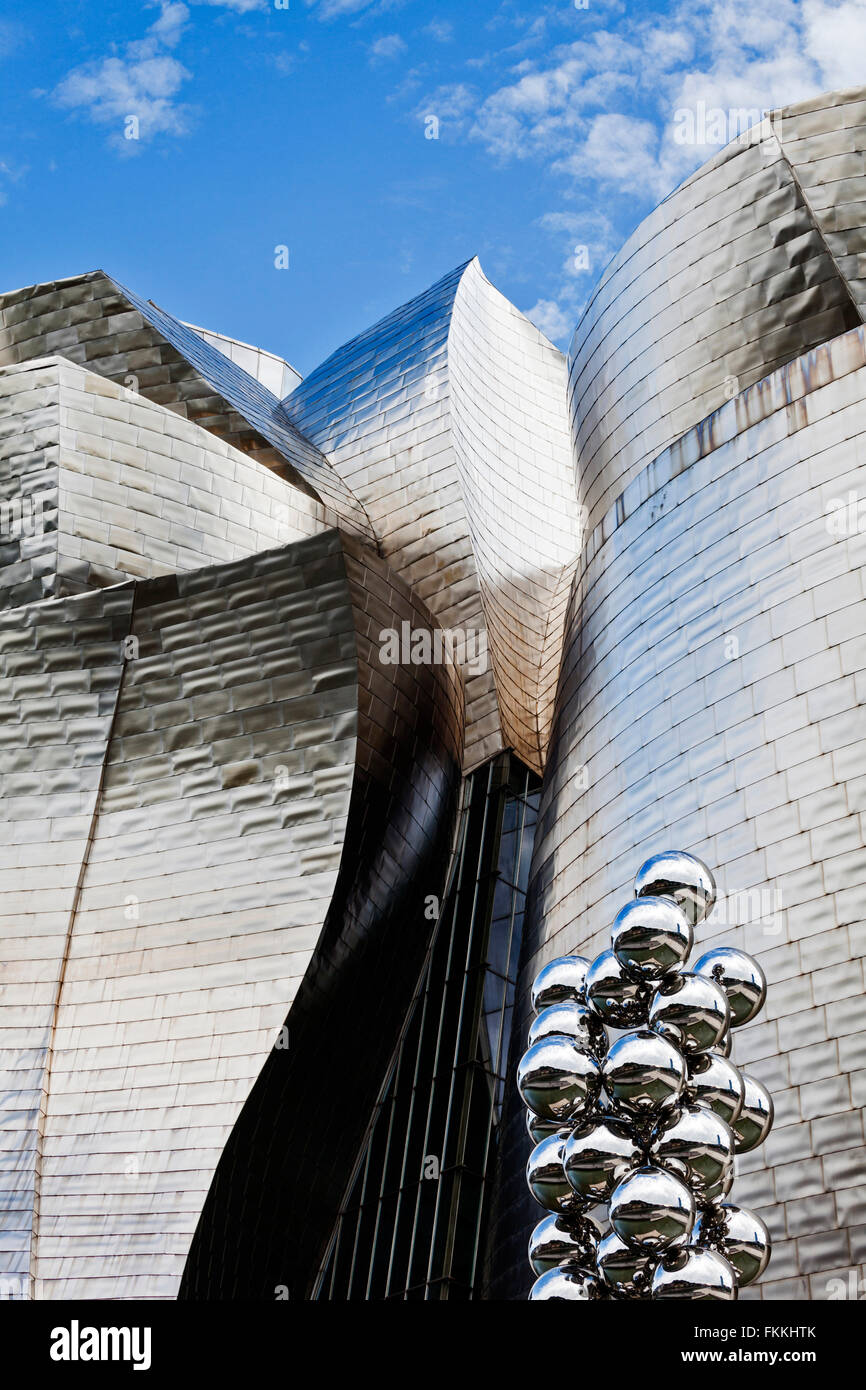 A view from below of the sculptural facade at the Guggenheim Museum in Bilbao. Stock Photo