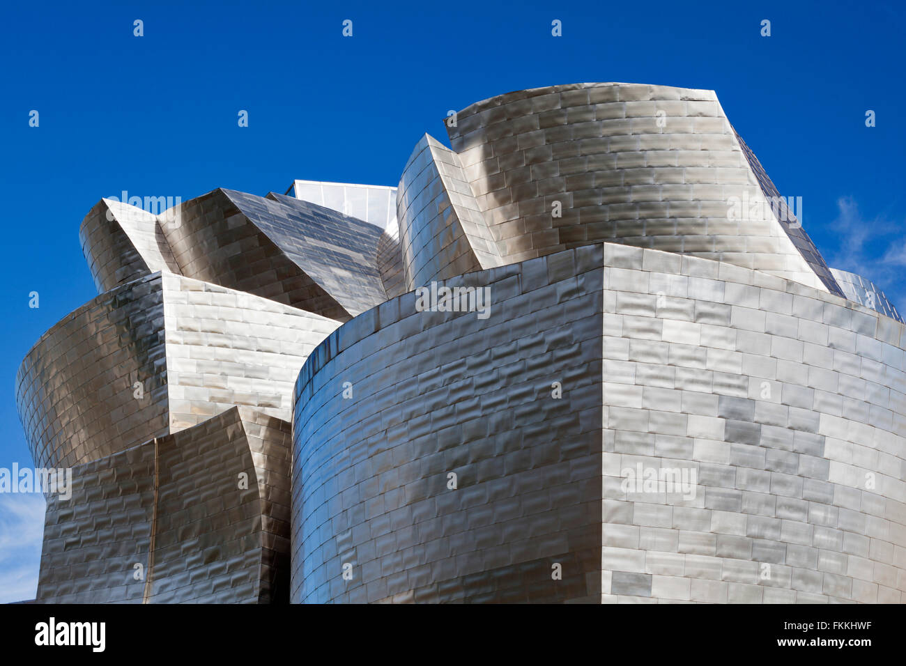 Another angle of the Guggenheim Museum in Bilbao, an odd shaped building. Stock Photo