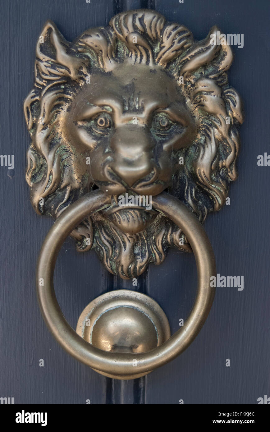 A gold lions head door knocker on a door, of a residential house. Stock Photo