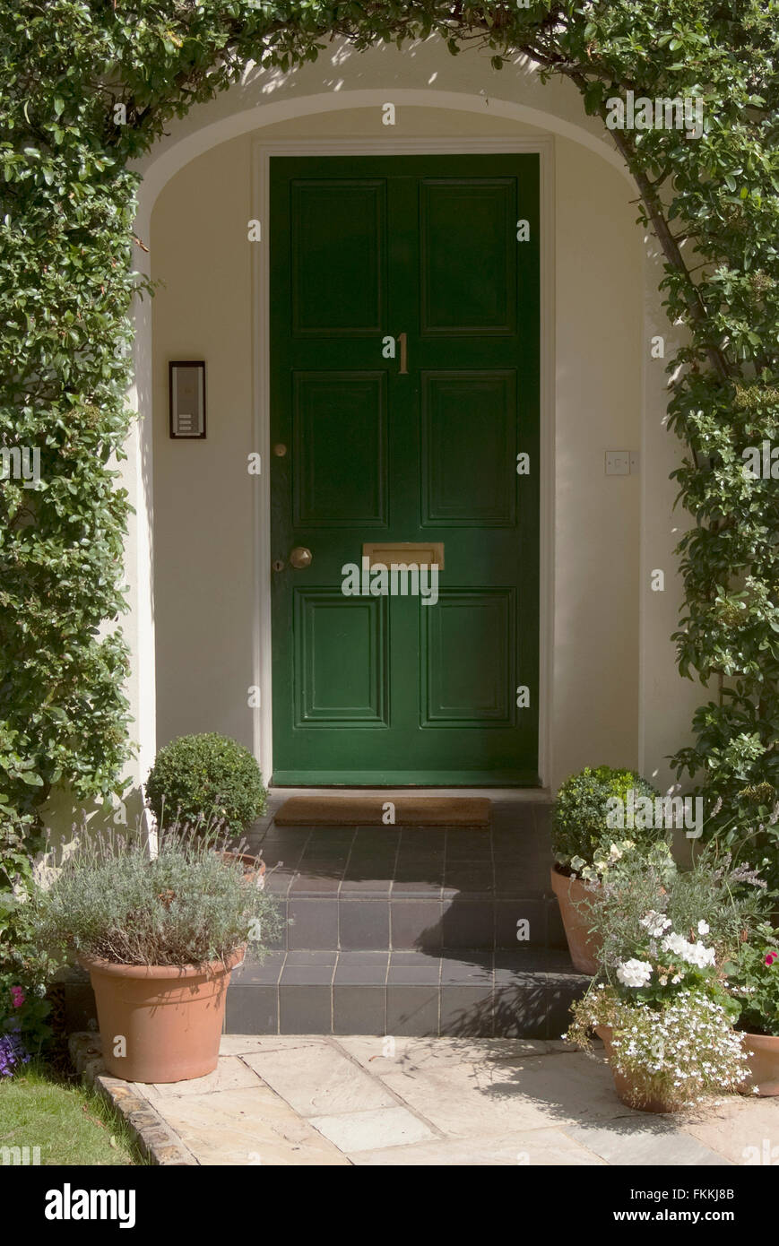 A green front door of a residential house. with an intercom on the wall, and plant pots on the pathway. Stock Photo