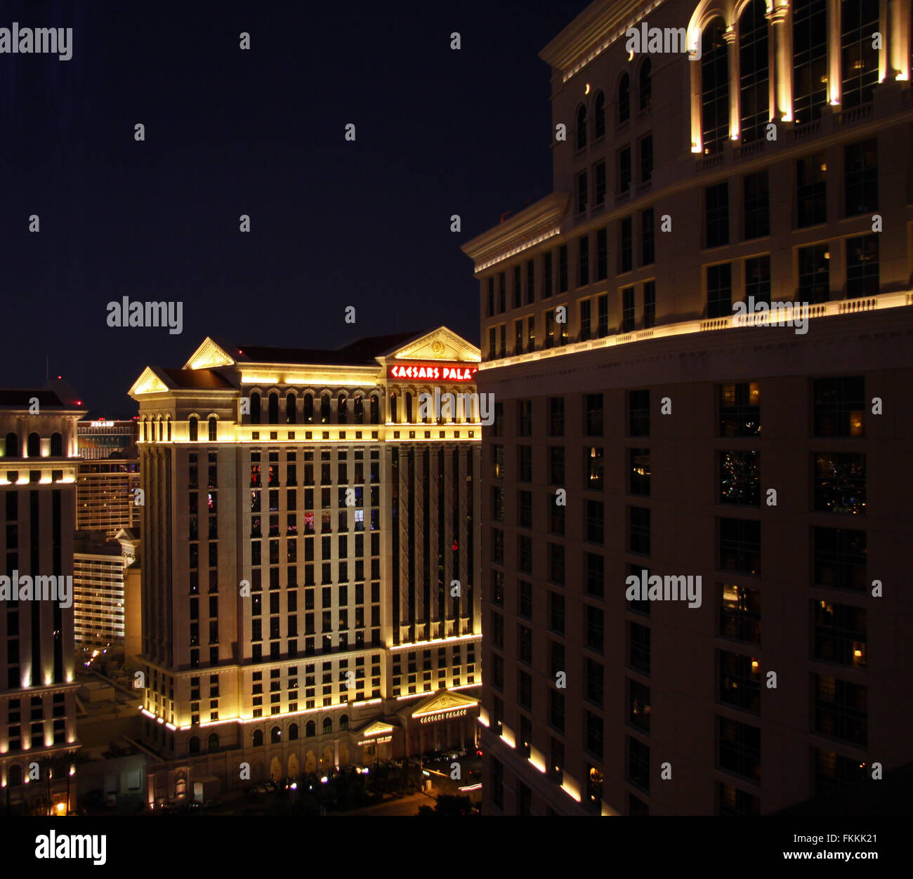 The front facade of Caesars Palace Hotel in Las Vegas at night Stock Photo