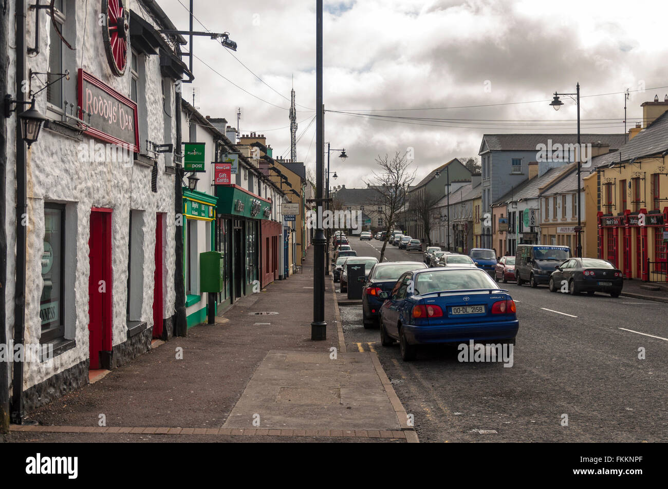 Village of Glenties, County Donegal, Ireland. The main street N56 through the village Stock