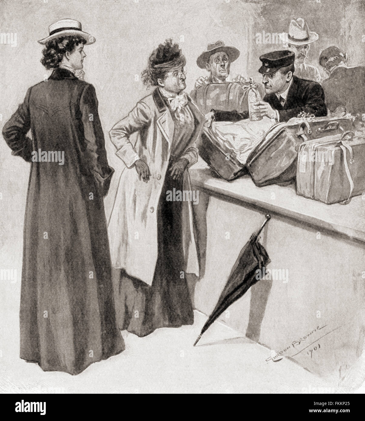 Passengers caught trying to pass illegal goods through the Custom House, London, England in the late 19th century.  From Living London, published c.1901. Stock Photo