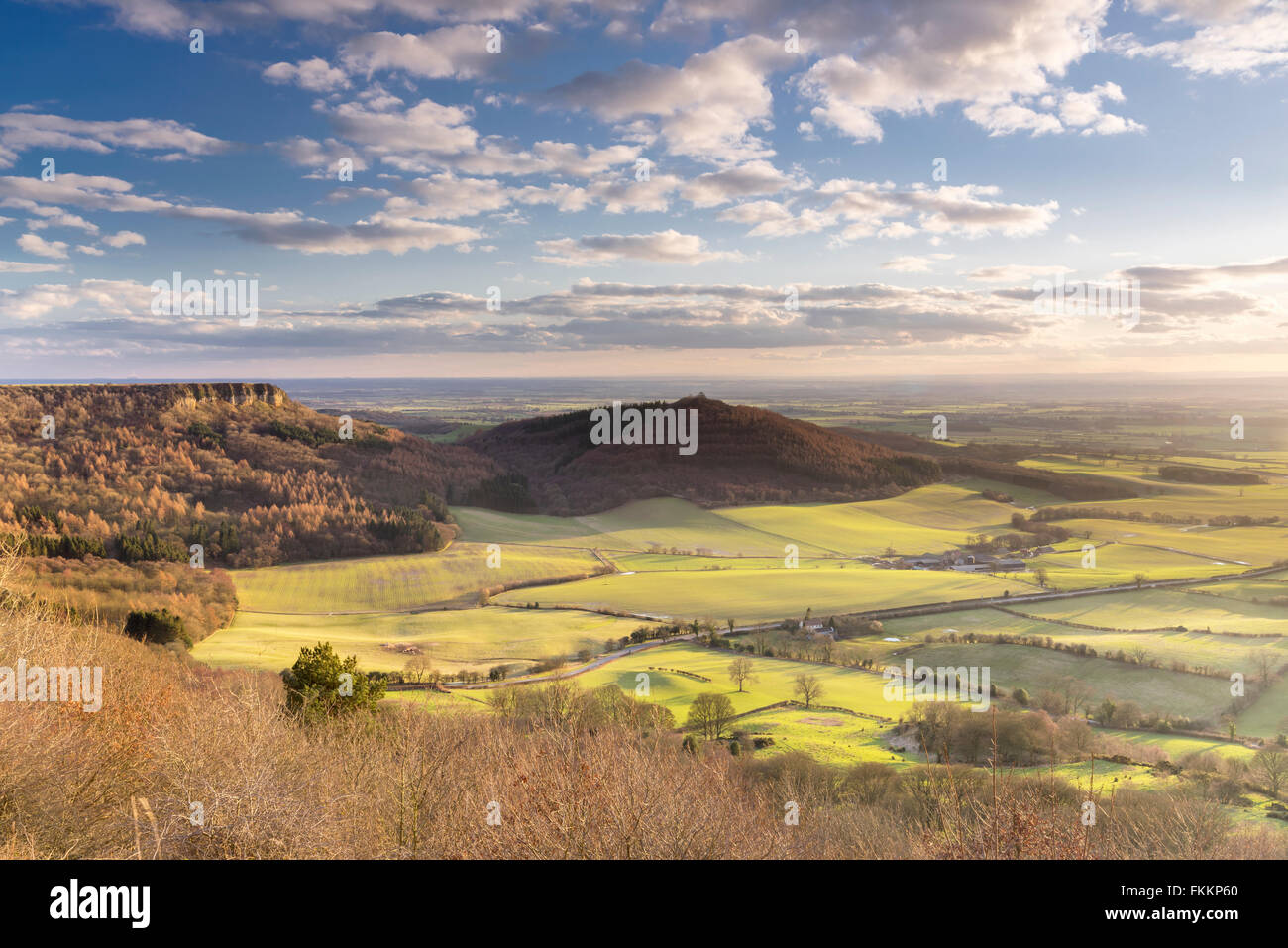 Sutton Bank, Lake Gormire, Hood Hill and the Vale of York. Stock Photo