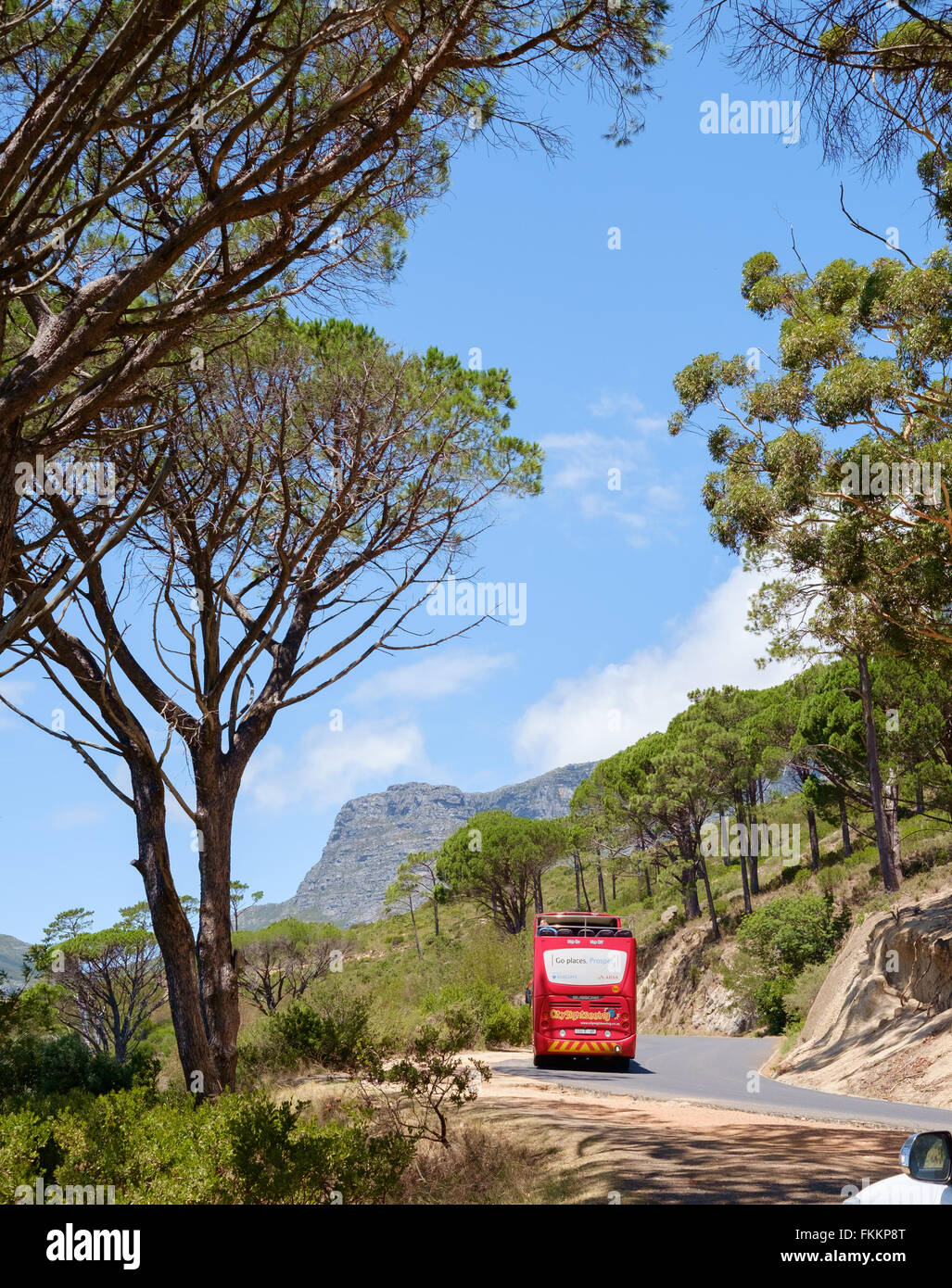 Open top red tourist bus driving up table mountain, Cape Town, South Africa Stock Photo