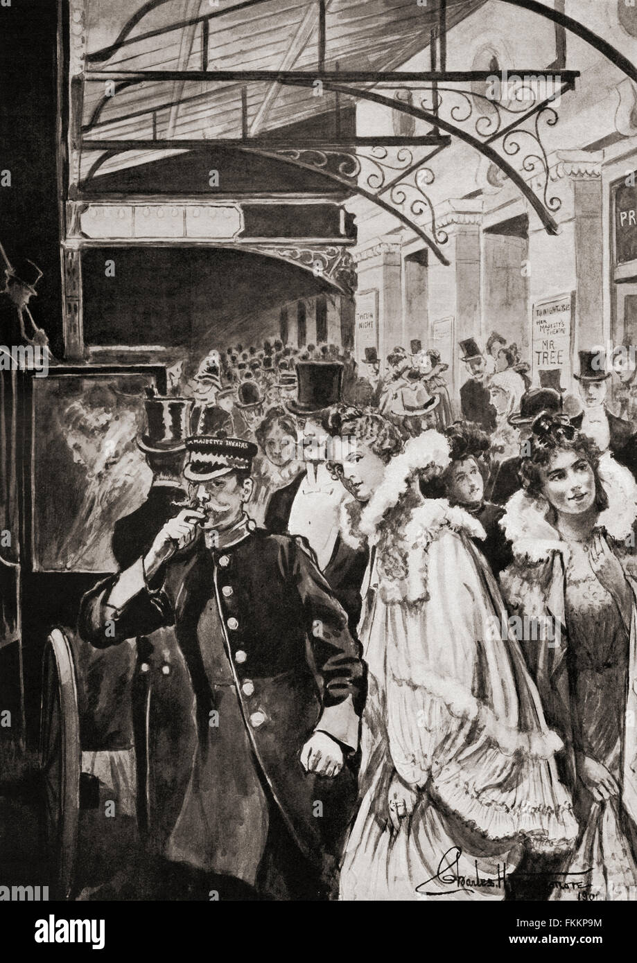 Theatre goers leaving Her Majesty's Theatre, Haymarket, London, England in the late 19th century. Stock Photo