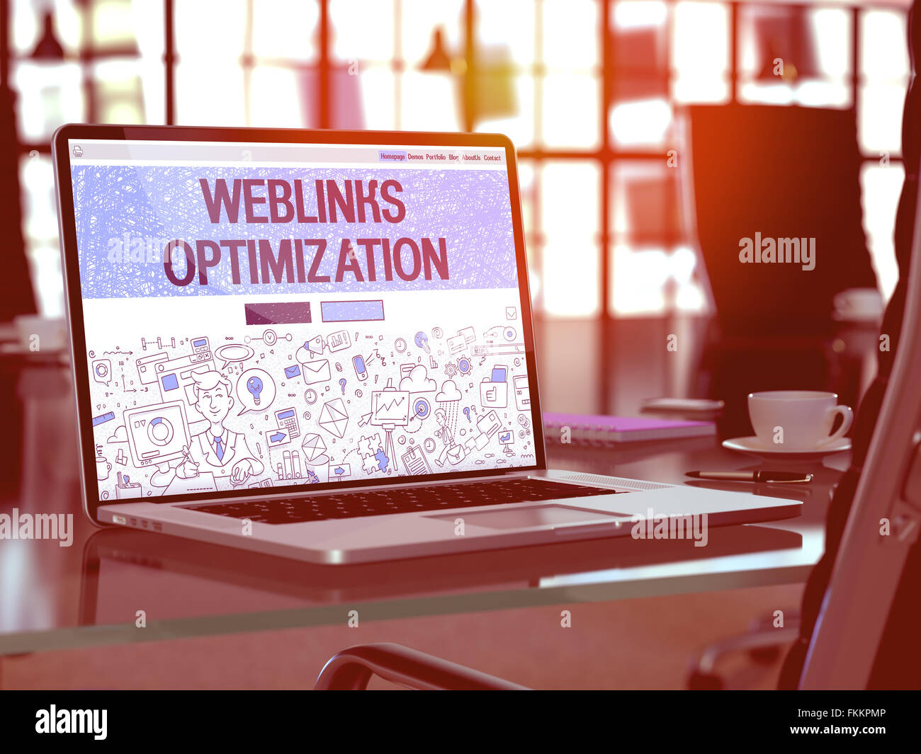 Weblinks Optimization on Laptop in Modern Workplace Background. Stock Photo