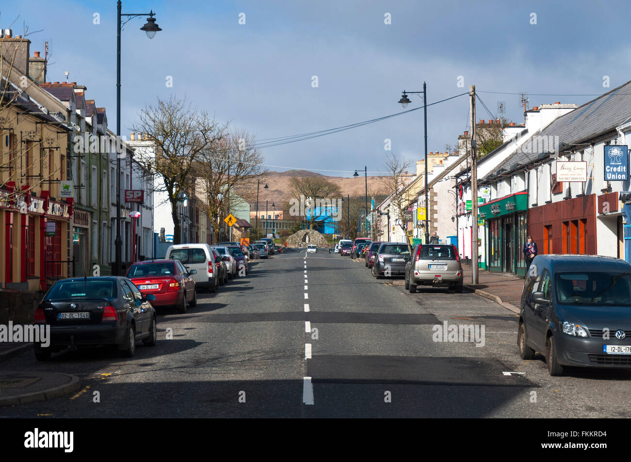 Village of Glenties, County Donegal, Ireland. The main street N56 through the village Stock