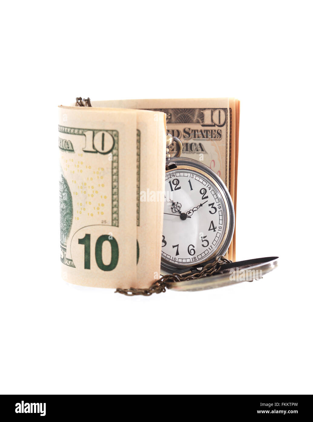 Time is money concept. Pocket watch near USA bank notes Stock Photo