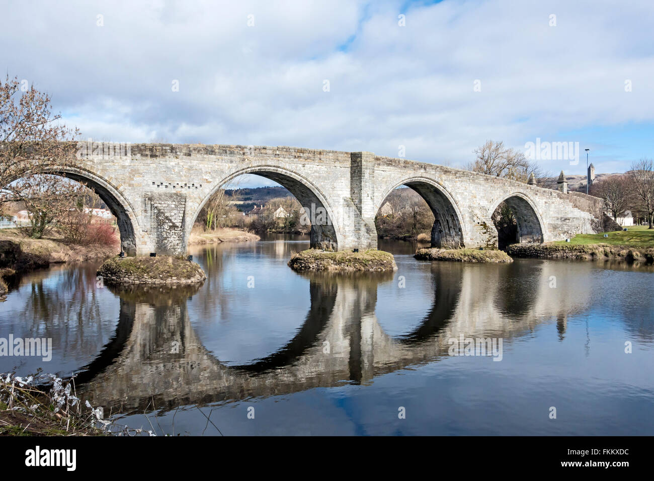 Stirling Old Bridge crossing the River Forth at Stirling in Scotland seen from west bank Stock Photo