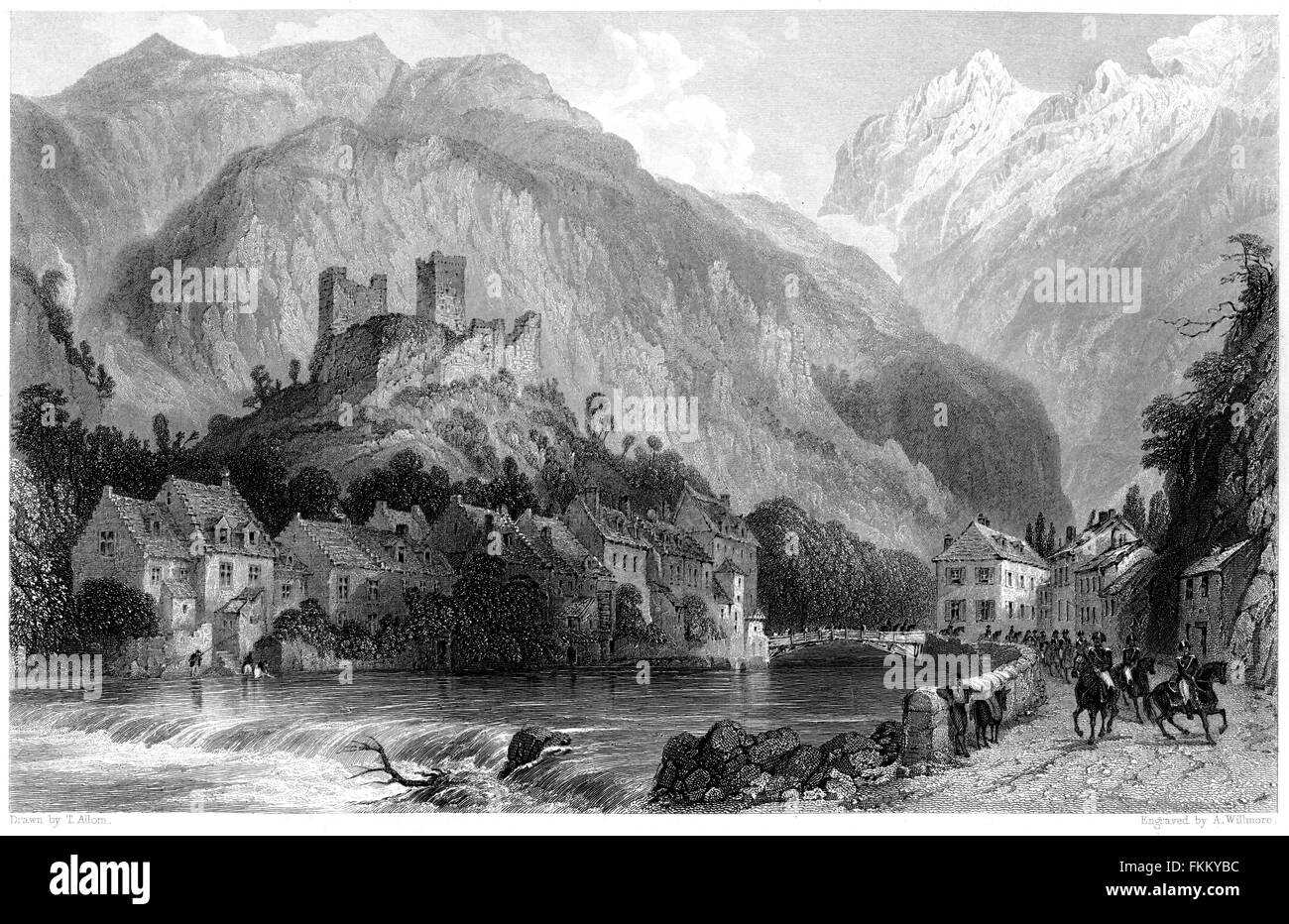 An engraving of Saint Beat, Upper Garenne (Haut Garonne) scanned at high resolution from a book printed in 1876. Stock Photo