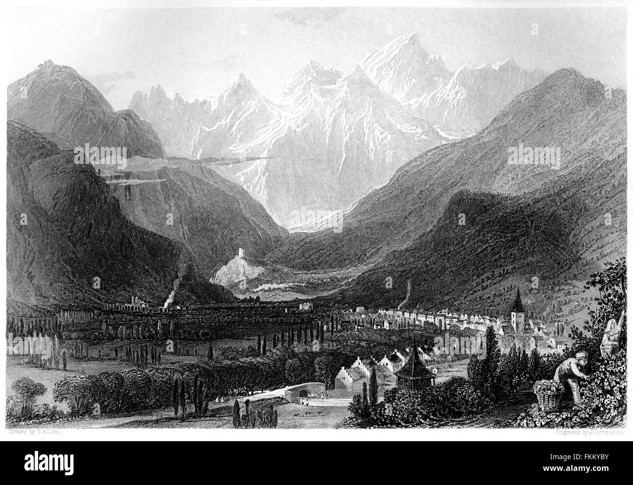 An engraving of Bagneres de Luchon, Pyrenees scanned at high resolution from a book printed in 1876. Believed copyright free. Stock Photo