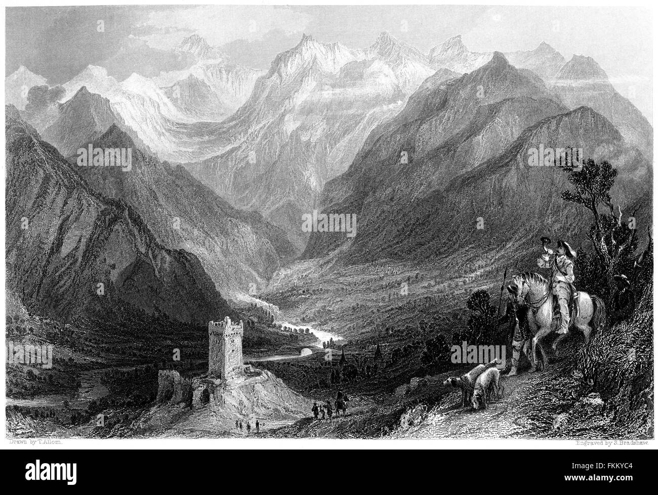 Engraving of the Castle and Valley d'Oo, Pyrenees canned at high resolution from a book printed in 1876. Believed copyright free Stock Photo