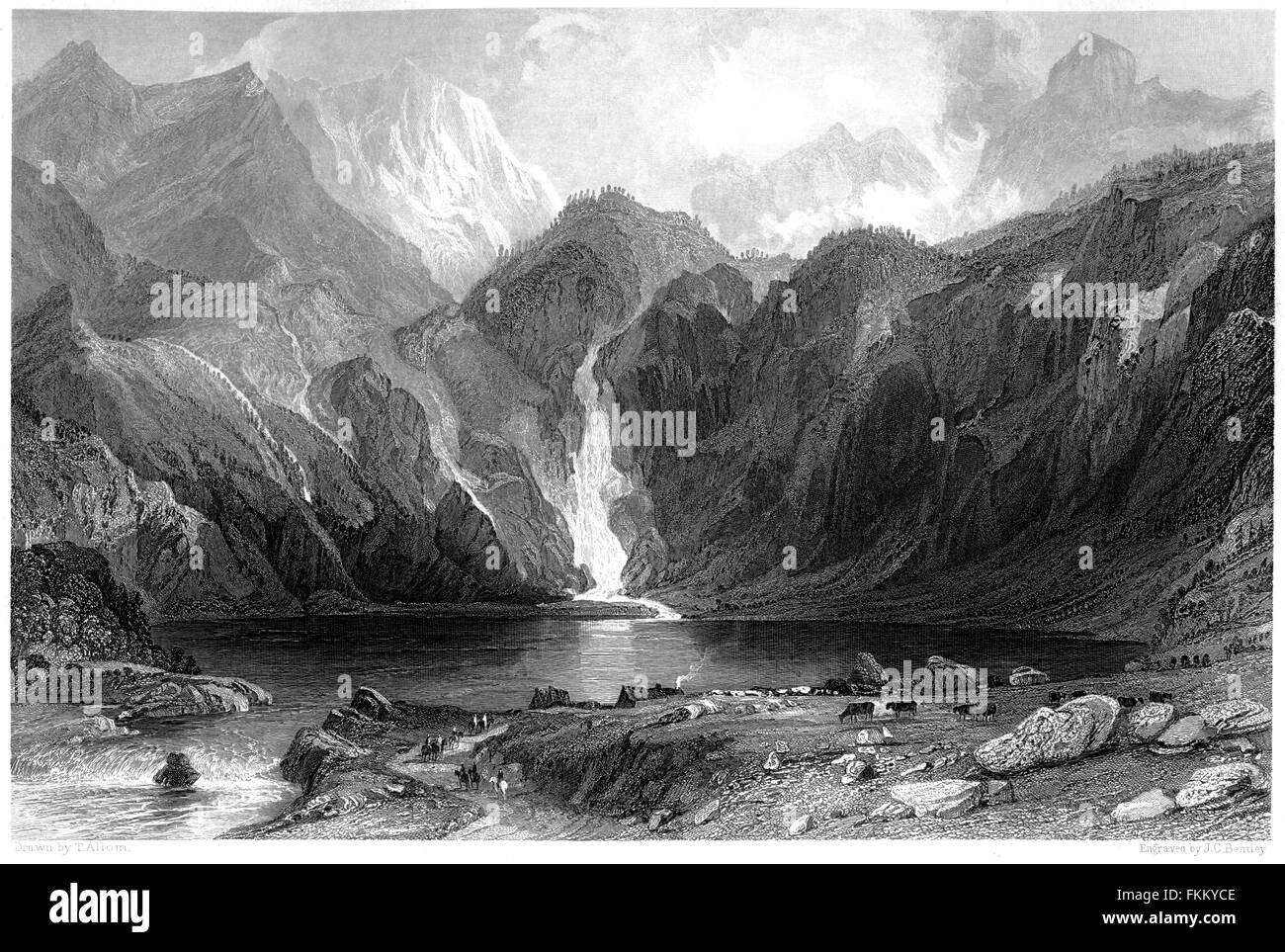 An engraving of Lake d'Oo, High Pyrenees scanned at high resolution from a book printed in 1876. Believed copyright free. Stock Photo