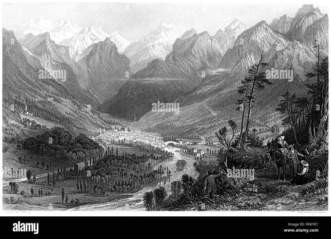 An engraving of Cauterets in the Pyrenees scanned at high resolution ...