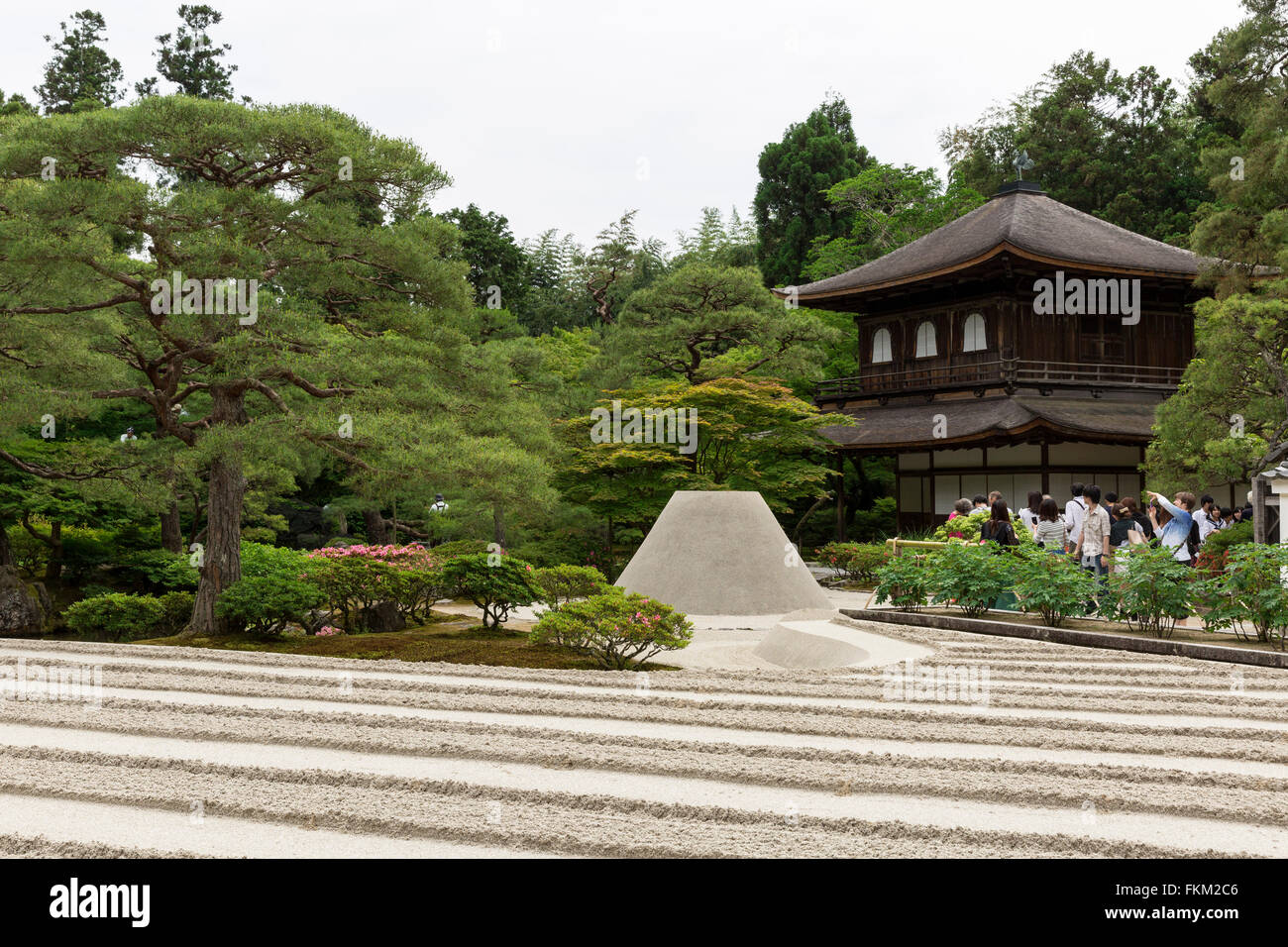 The sand garden and Kannon-den, the two storied main structure of Ginkaku-Ji, Kyoto, Japan Stock Photo