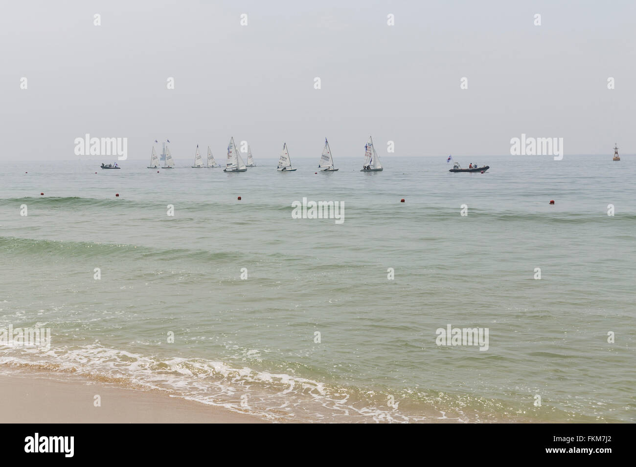 Boats sailings at Haeundae Beach, Haeundaehaebyeon-ro, Haeundae-gu, Busan, South Korea Stock Photo