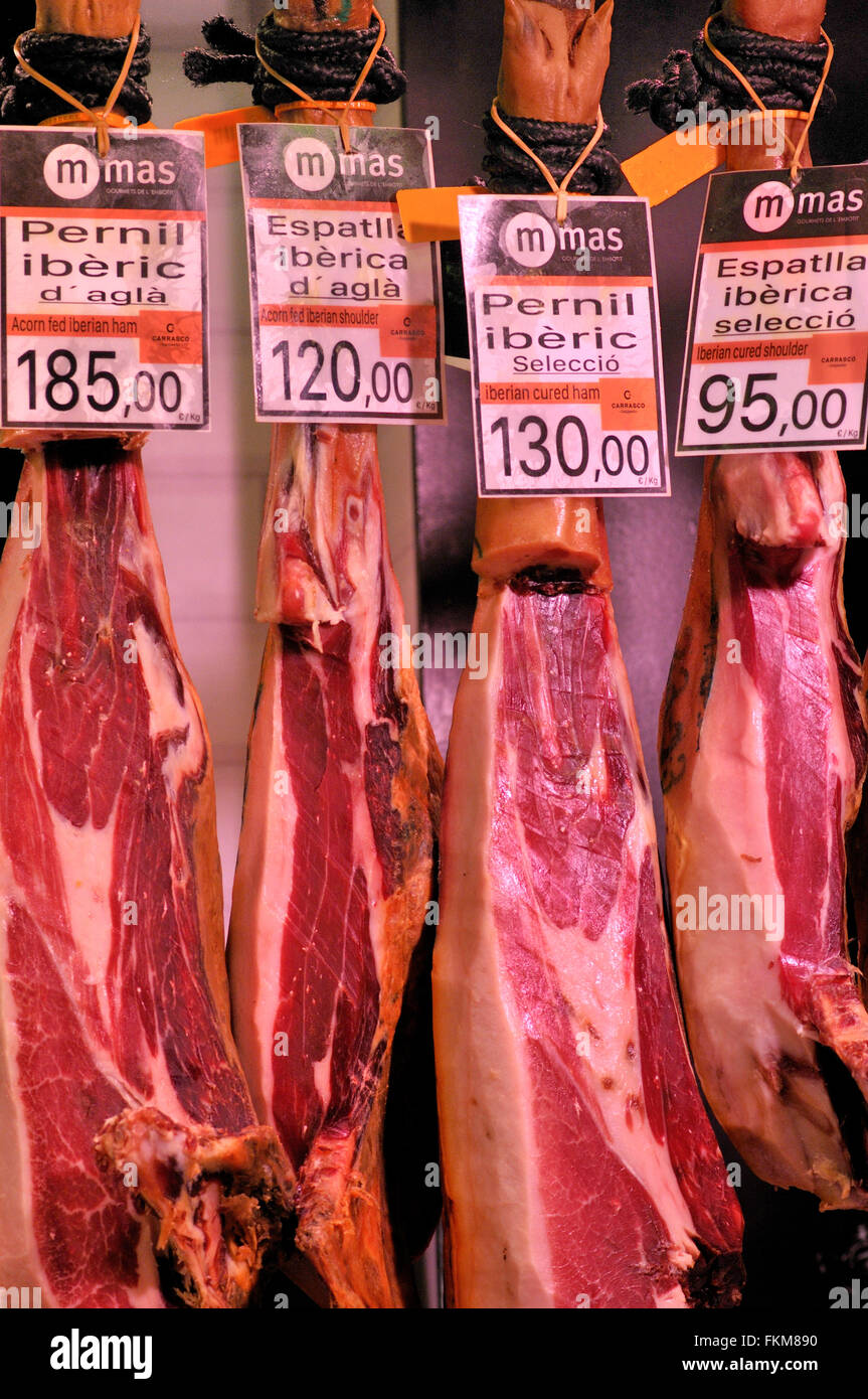 Hams, La Boqueria market, Barcelona, Catalonia, Spain Stock Photo