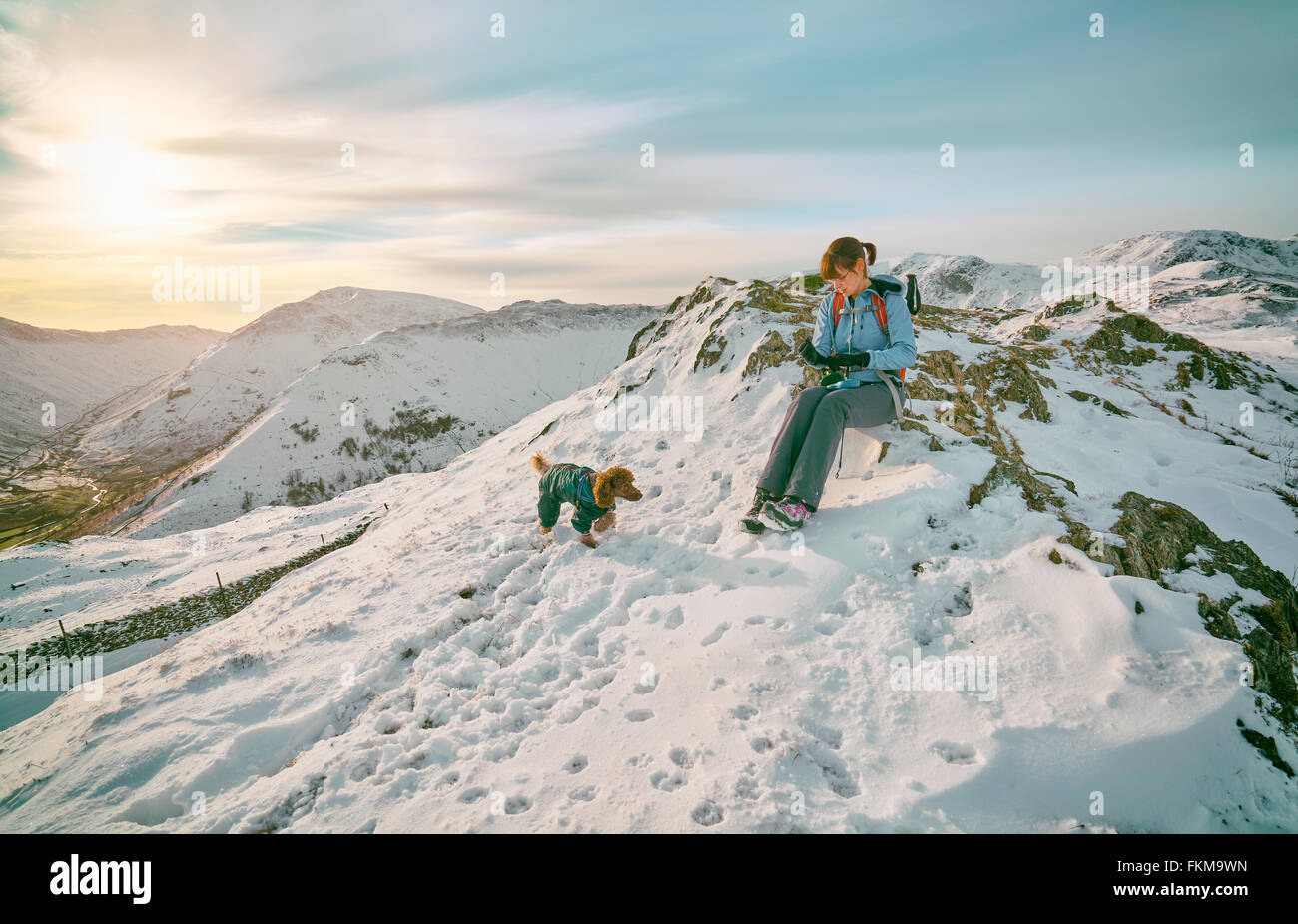 A hiker resting on the mountains tops with their dog in the UK. Grain and colour styling applied Stock Photo