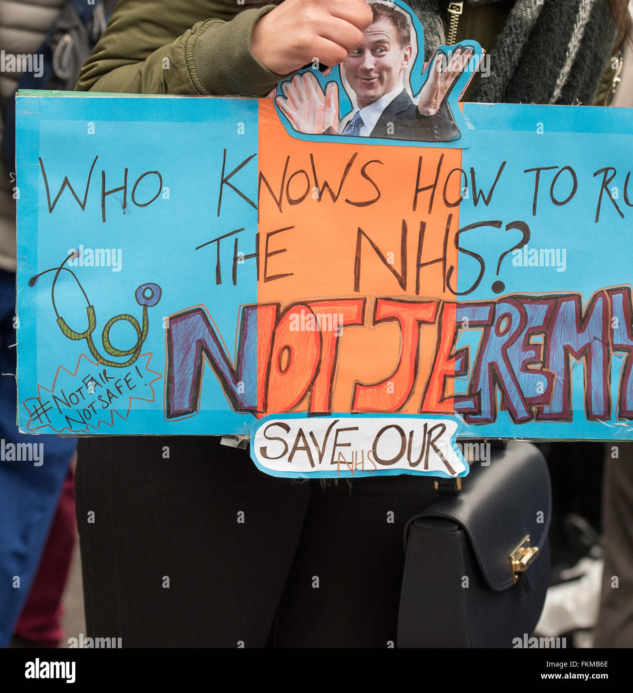 London 9th March 2016, NHS Junior Doctors picket, St Thomas Hospital, Westminster, homemade banner Credit:  Ian Davidson/Alamy Live News Stock Photo