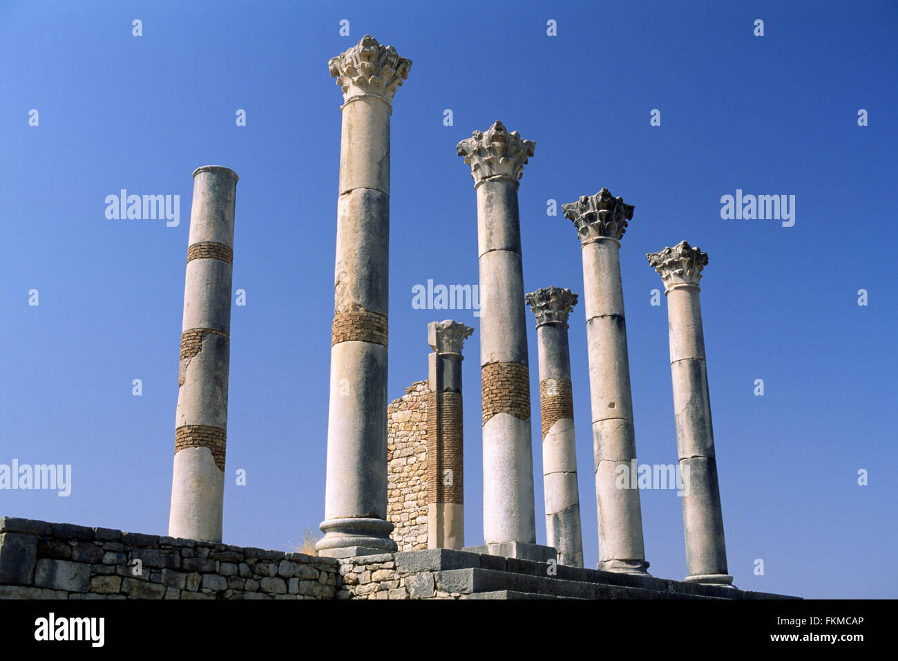 Morocco, Volubilis, ancient roman city, capitoline temple columns Stock Photo