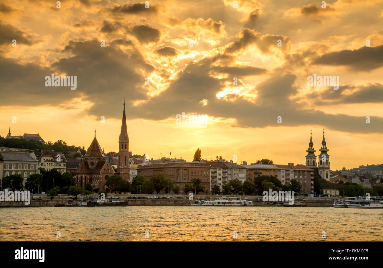 City landscape of Budapest and River Danube at sunset. Stock Photo