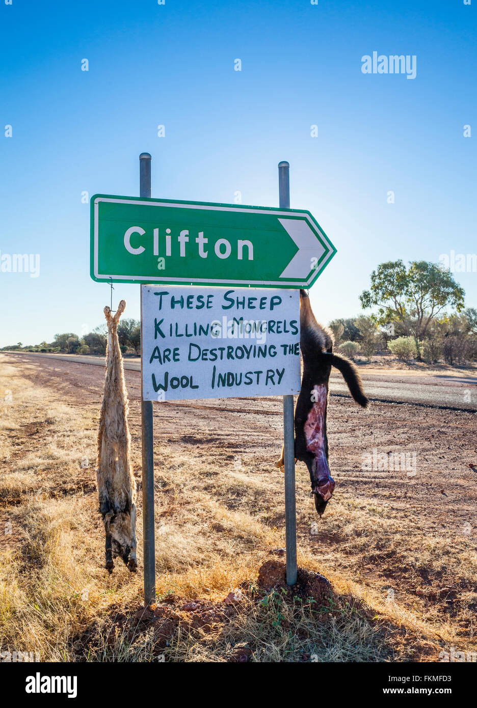 shot wild dogs displayed by an angry grazier on a road sign on the Diamantina Developmental Road between Quilpie and Windorah Stock Photo
