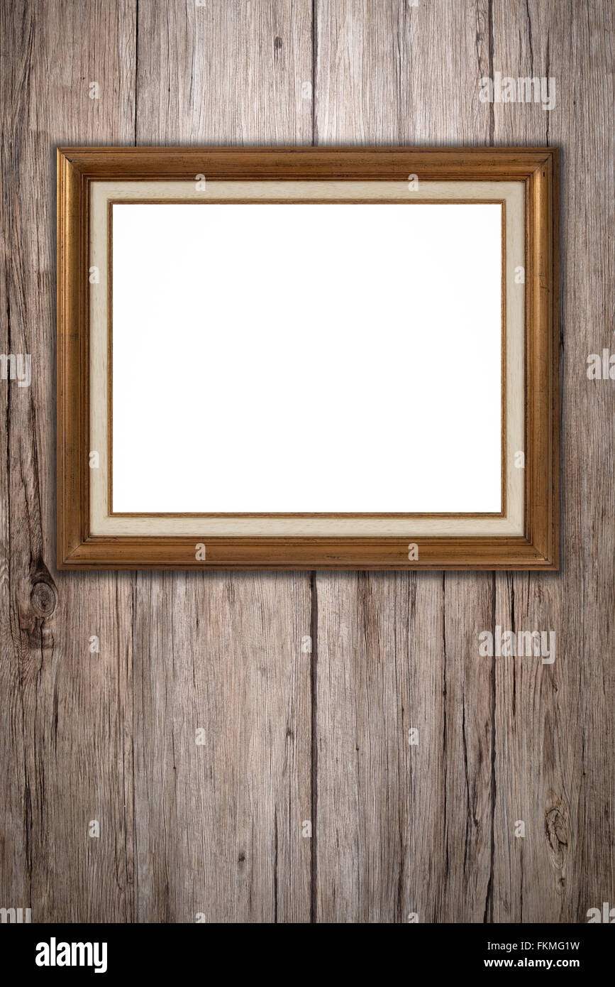 Old picture frame on vintage wood wall Stock Photo - Alamy