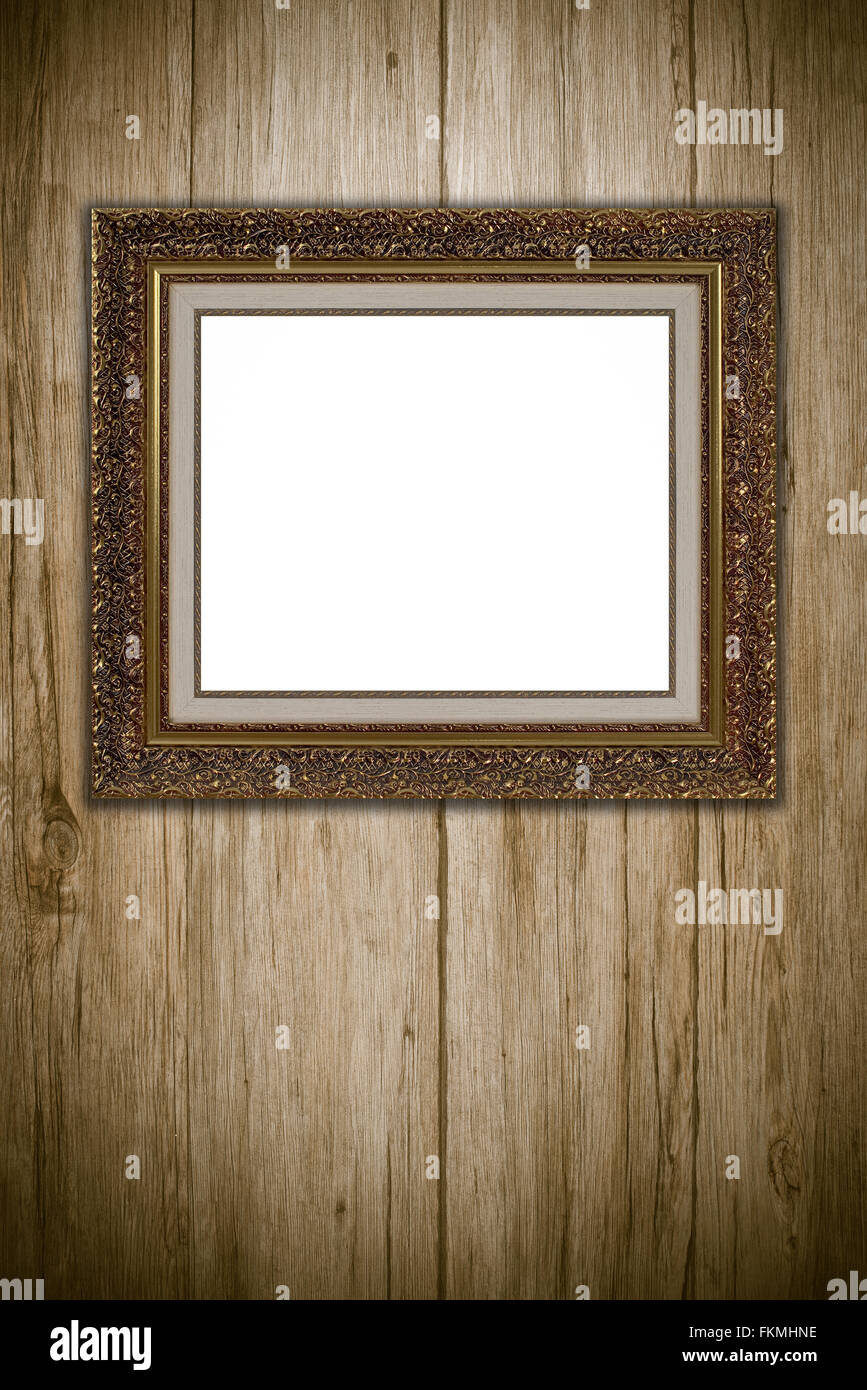 Old picture frame on vintage wood wall Stock Photo - Alamy