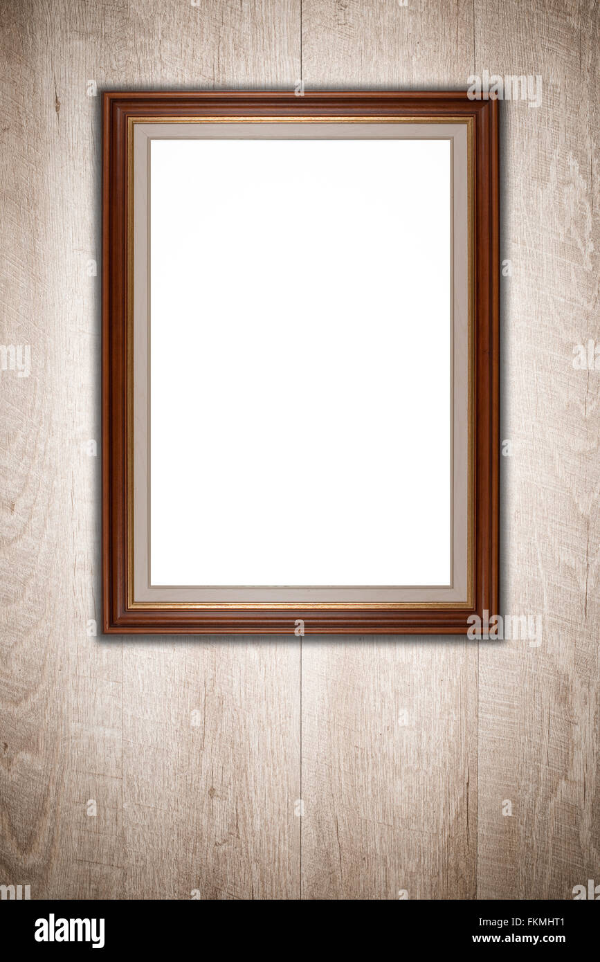 Old picture frame on vintage wood wall Stock Photo - Alamy