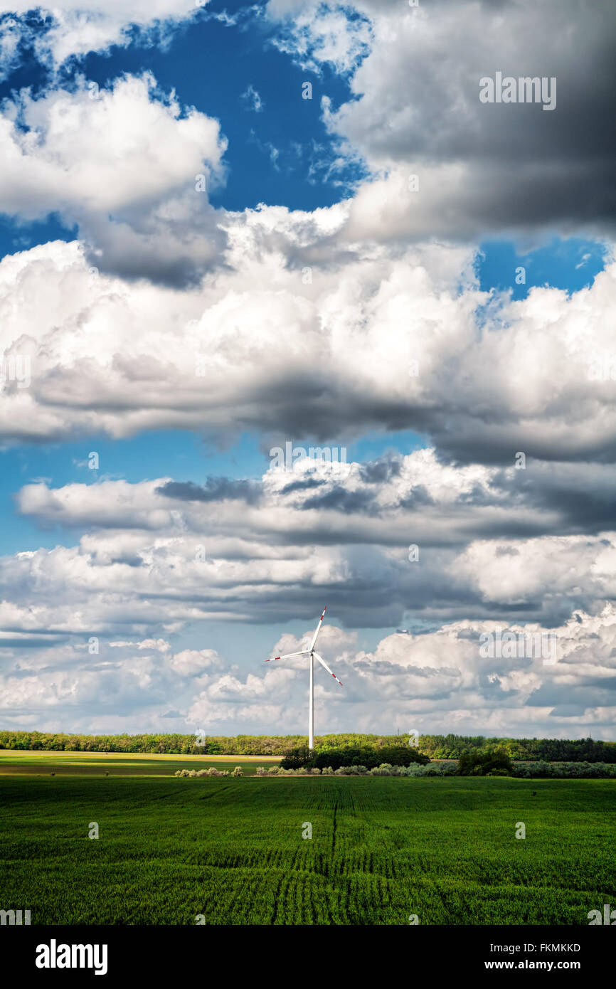 Wind power plant on field, HDR, Hungary Stock Photo