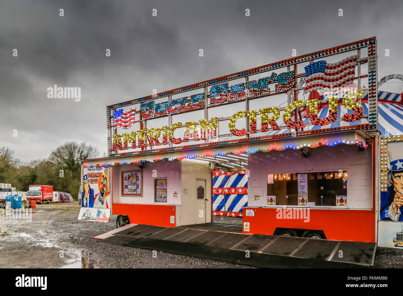 The ticket office for Uncle Sam's American Circus on tour in the UK on a wet and rainy day Stock Photo