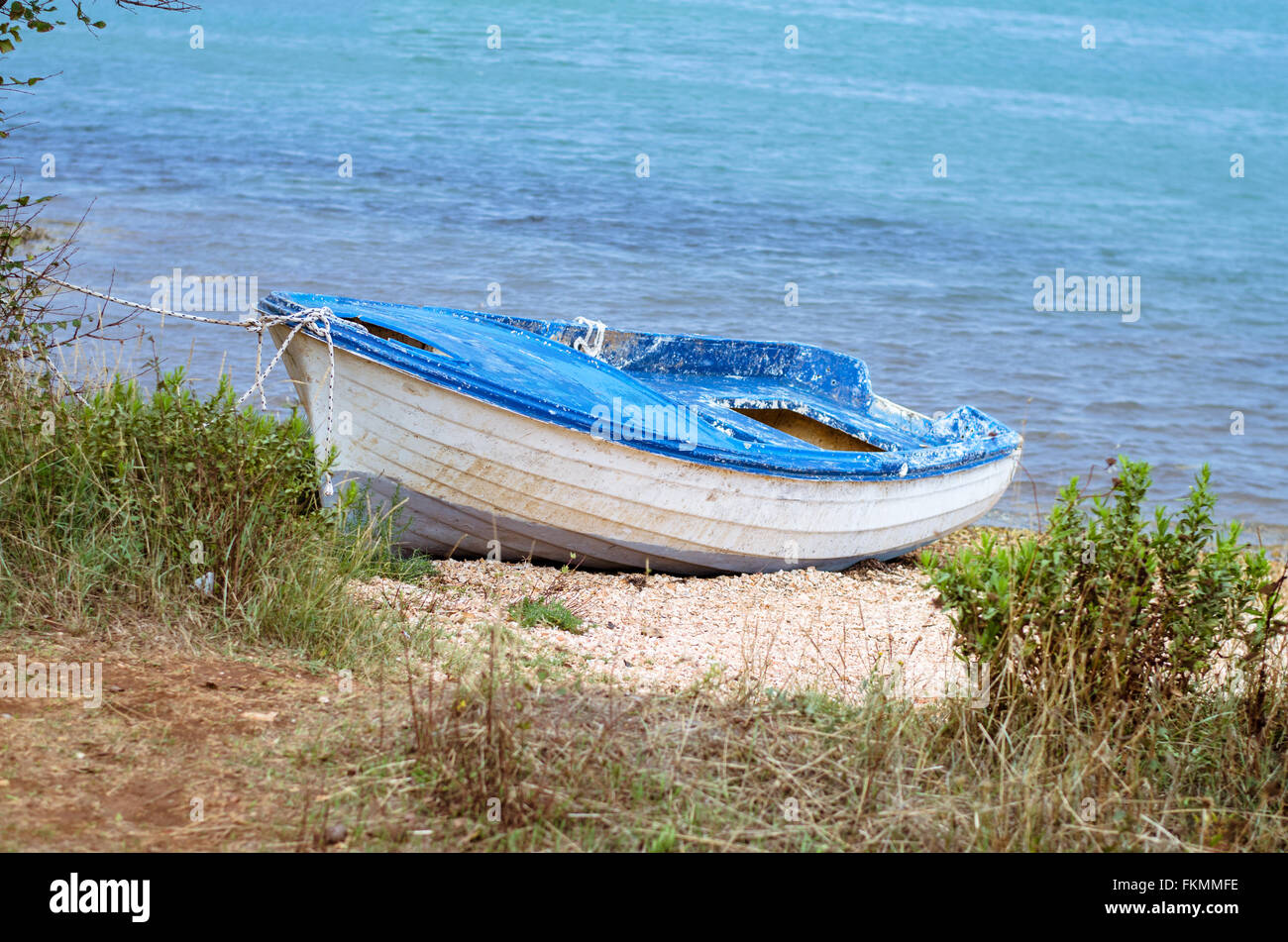 blue wooden boat at anchor Stock Photo - Alamy