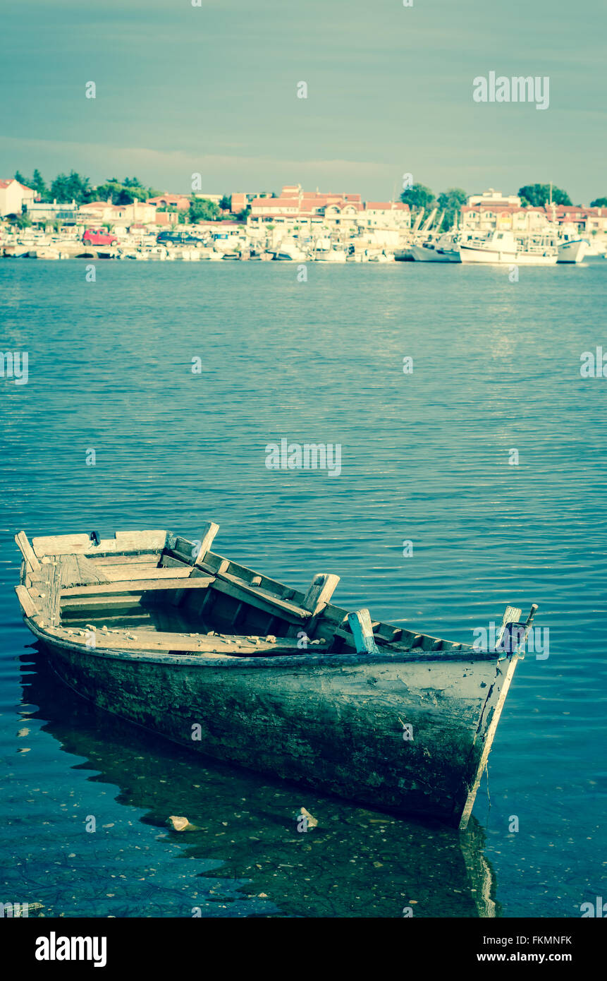blue wooden boat at anchor Stock Photo - Alamy