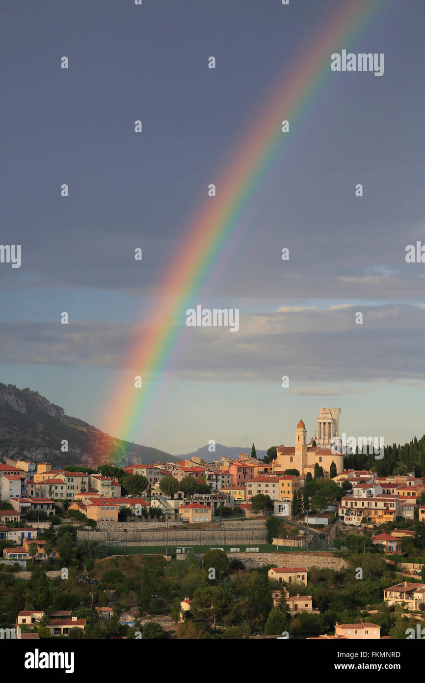 Rainbow over La Turbie with Tropaeum Alpium, La Turbie, Alpes-Maritimes Department, Provence-Alpes-Côte d'Azur, France Stock Photo