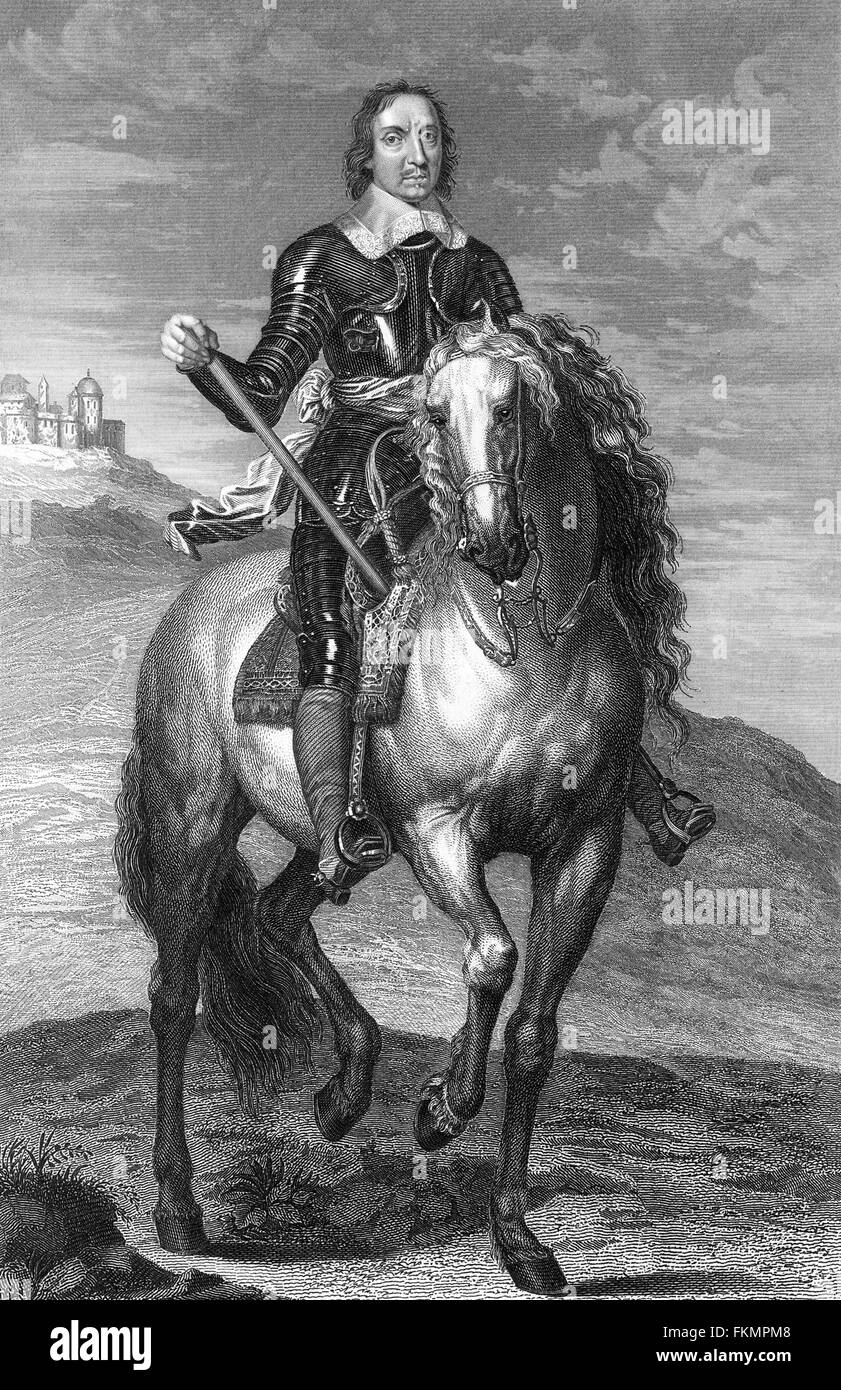 Oliver Cromwell on horseback, engraving from drawing by Vandyke. Stock Photo