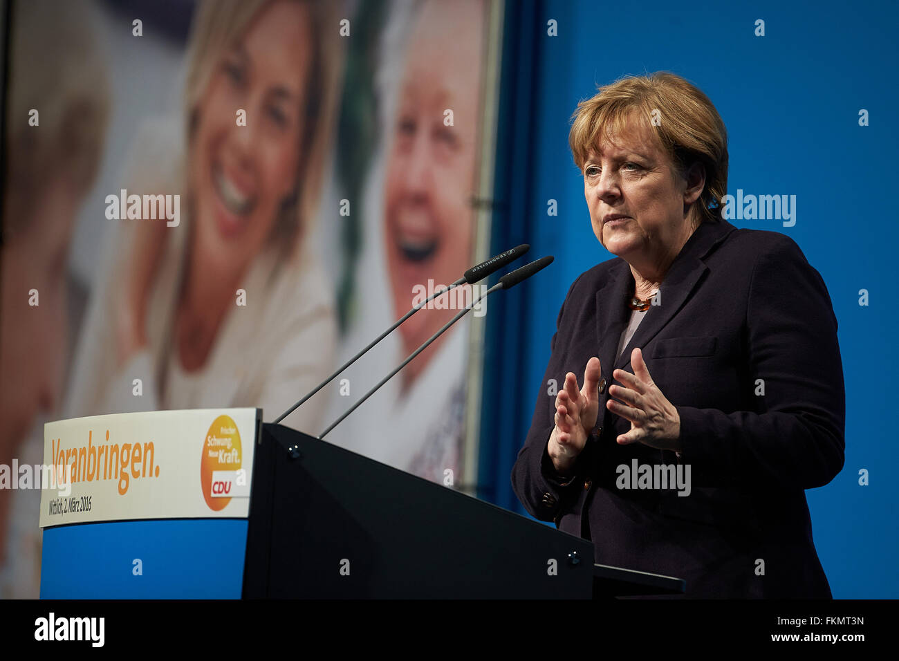 Chancellor Angela Merkel speaking at a campaign appearance on 02.03.2016, Wittlich, Rhineland-Palatinate, Germany Stock Photo