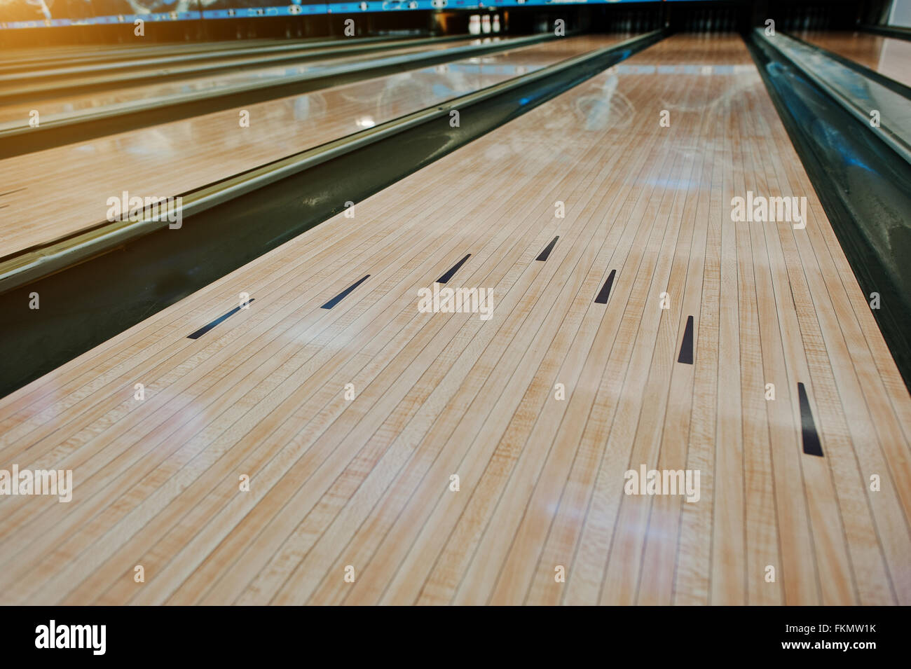 Bowling wooden floor with lane Stock Photo Alamy