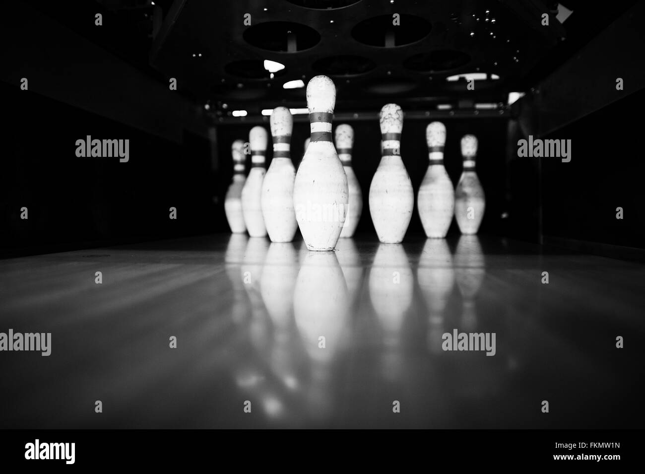 Ten white pins in a bowling alley lane Stock Photo Alamy