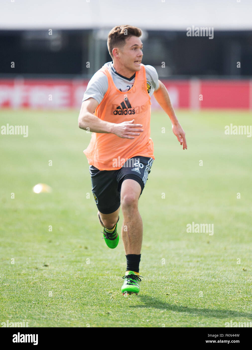 Columbus, Ohio, USA. 9th March, 2016. Columbus Crew SC midfielder Wil Trapp races down the field during a sprinting drill at Columbus Crew SC Media Day. Columbus, Ohio, USA Credit:  Brent Clark/Alamy Live News Stock Photo