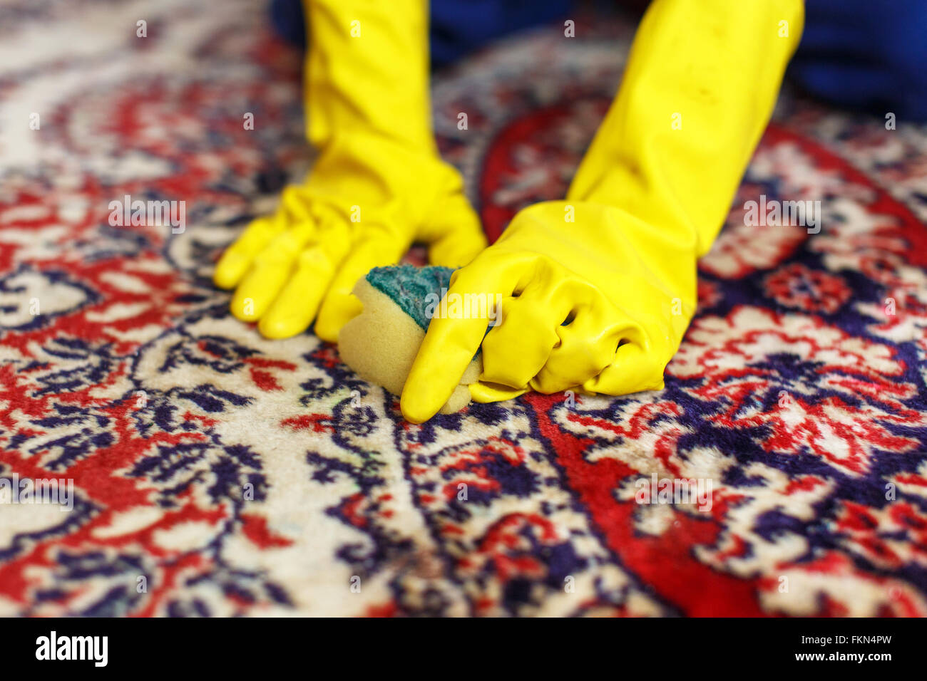Kid cleaning carpet in yellow rubber gloves Stock Photo
