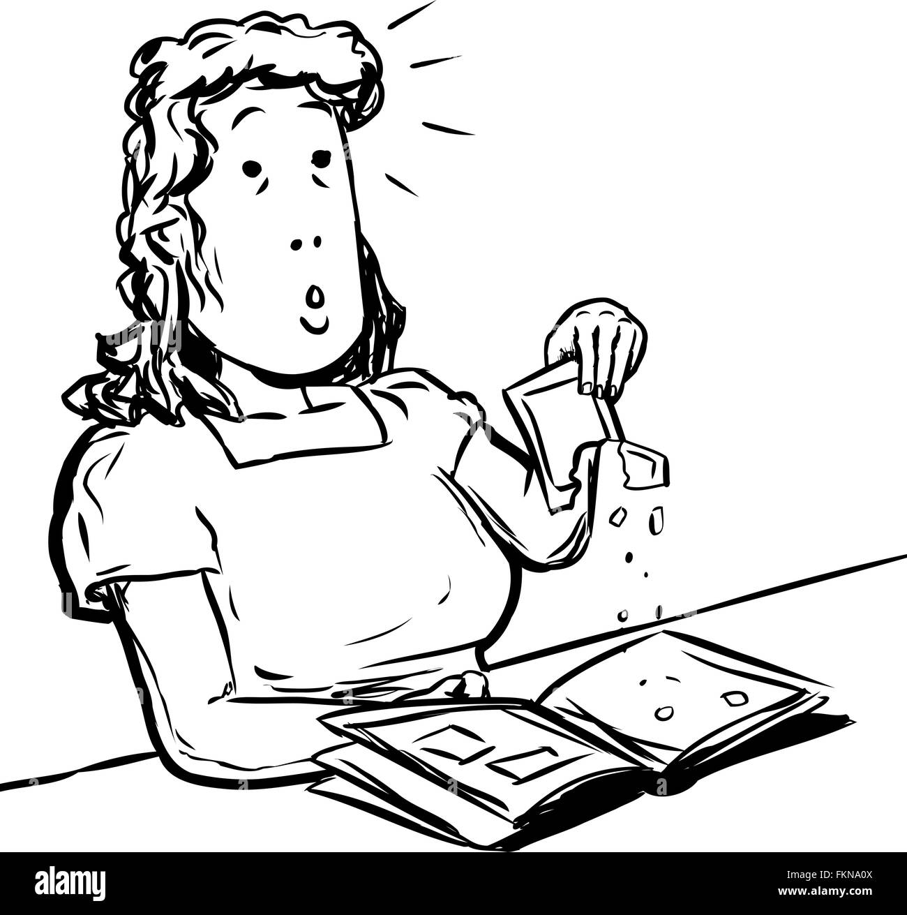 Cartoon outlined doodle sketch of middle aged adult female holding crumbling damaged photo over photo album Stock Photo