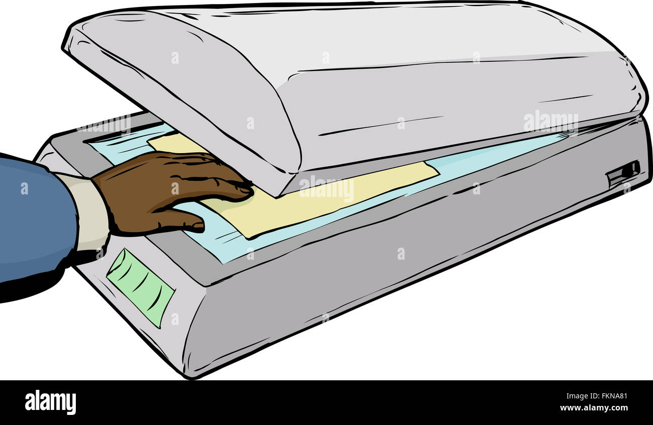 Single hand placing photo or document on glass in flatbed scanner Stock