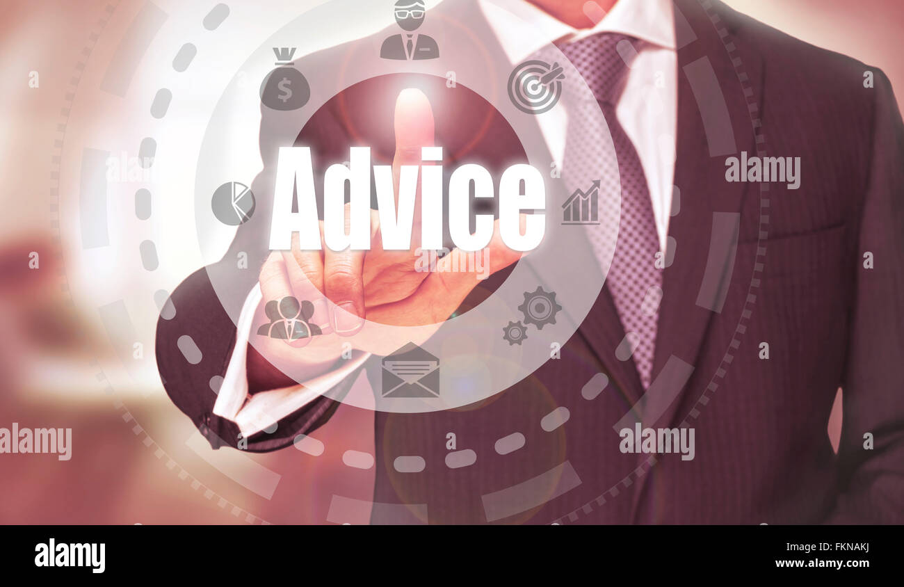 Businessman pressing an Advice  concept button. Stock Photo