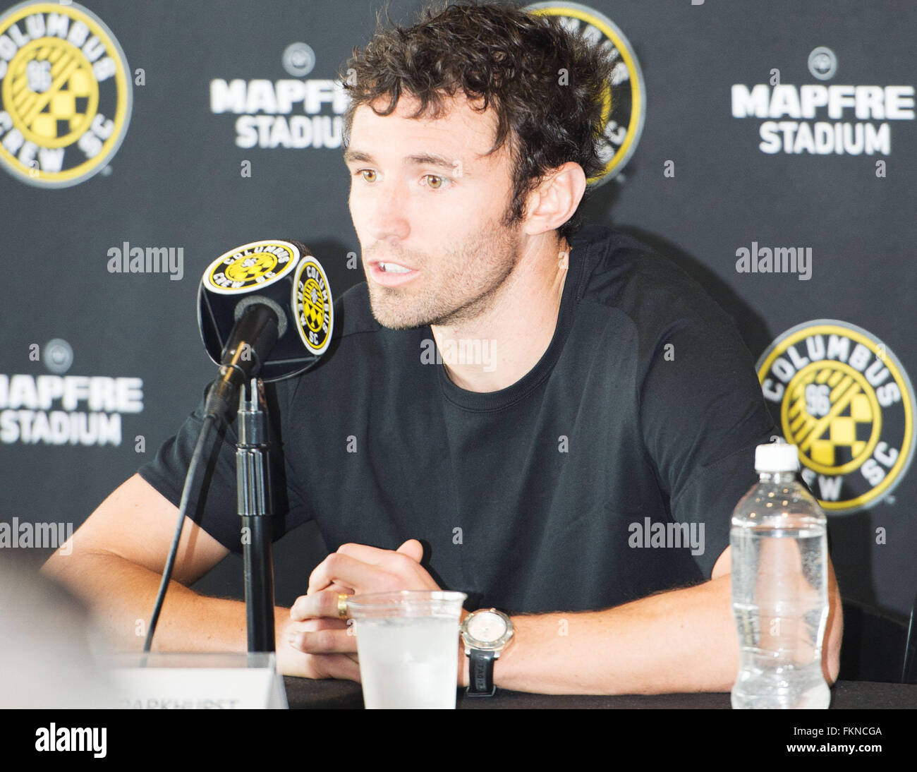 Columbus, Ohio, USA. 9th March, 2016. Columbus Crew SC Captain Michael Parkhurst answers questions during a press conference at Columbus Crew SC Media Day. Columbus, Ohio, USA Credit:  Brent Clark/Alamy Live News Stock Photo