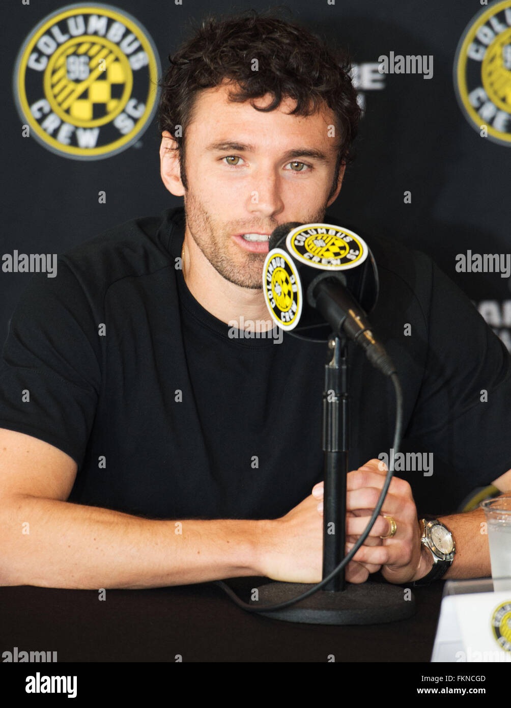 Columbus, Ohio, USA. 9th March, 2016. Columbus Crew SC Captain Michael Parkhurst answers questions during a press conference at Columbus Crew SC Media Day. Columbus, Ohio, USA Credit:  Brent Clark/Alamy Live News Stock Photo