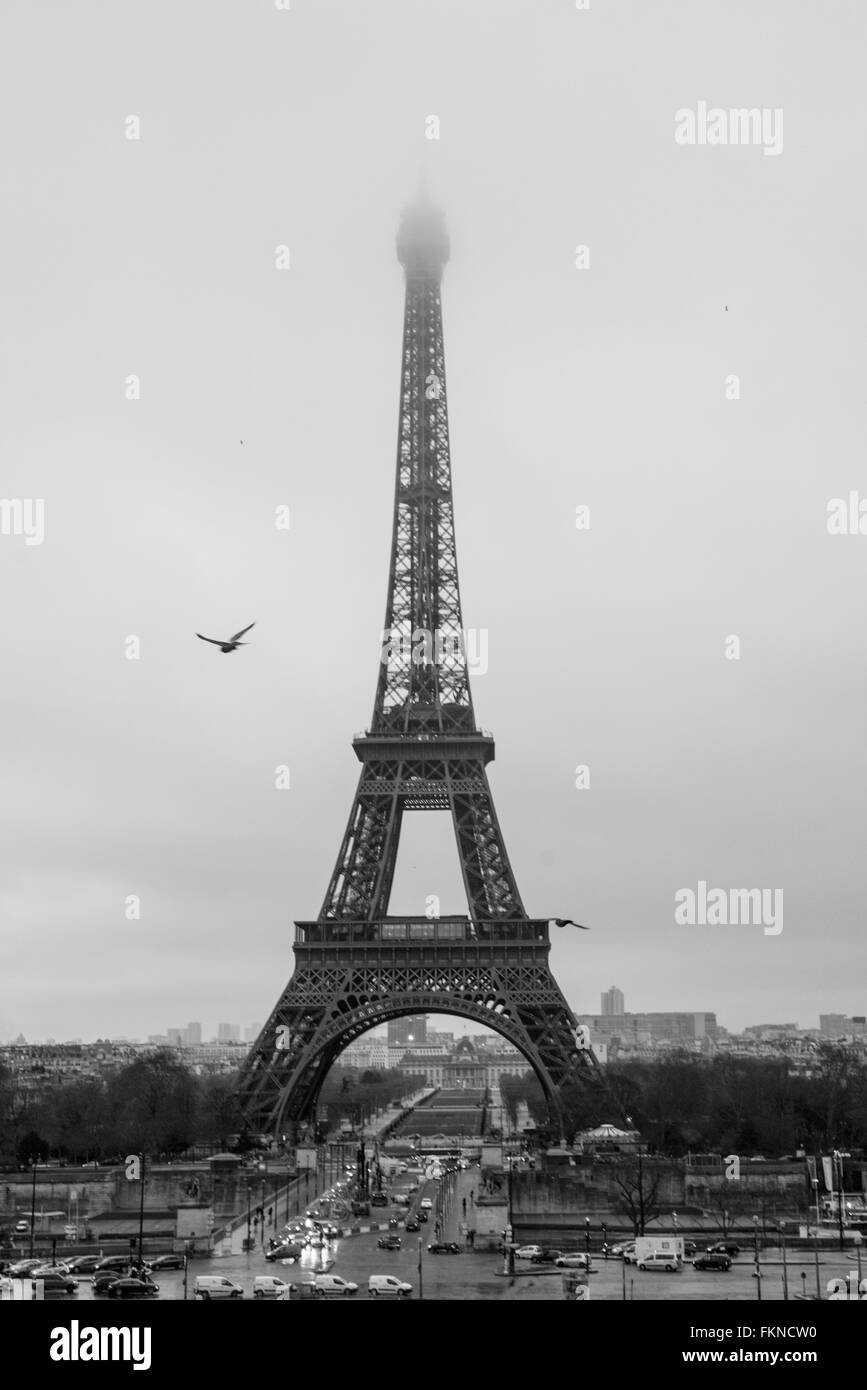 The great Eiffel Tower during foggy winter time Stock Photo