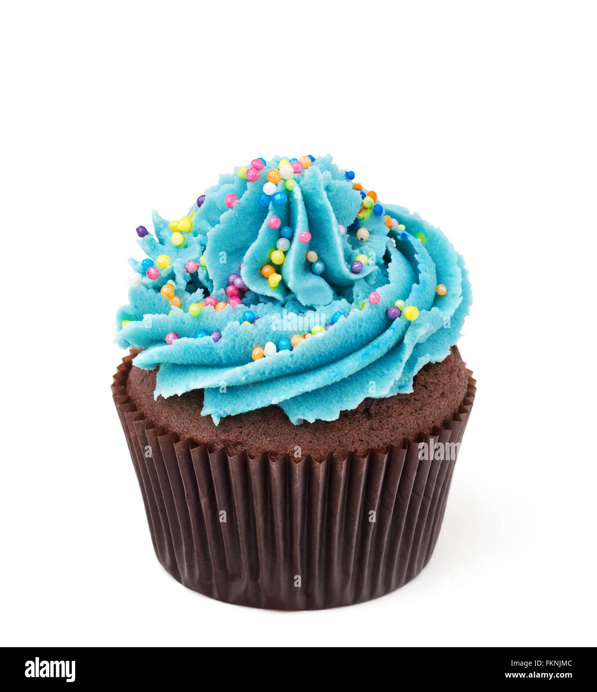 chocolate cupcake with blue buttercream isolated on white Stock Photo
